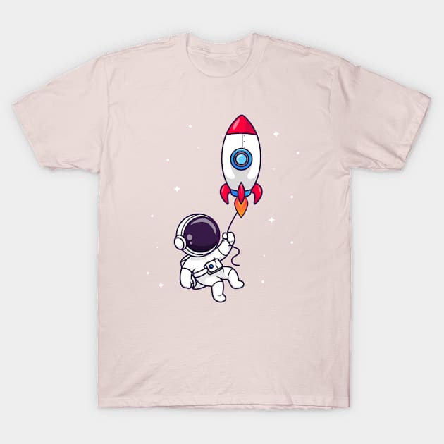 Cute Astronaut Flying With Rocket In Space Cartoon T-Shirt by Catalyst Labs